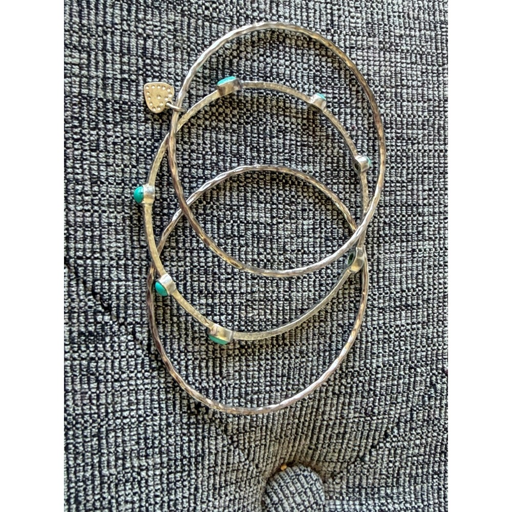 Stella & Dot Mira Bangles Set of 3 Silver Hammered Turquoise Heart B104S